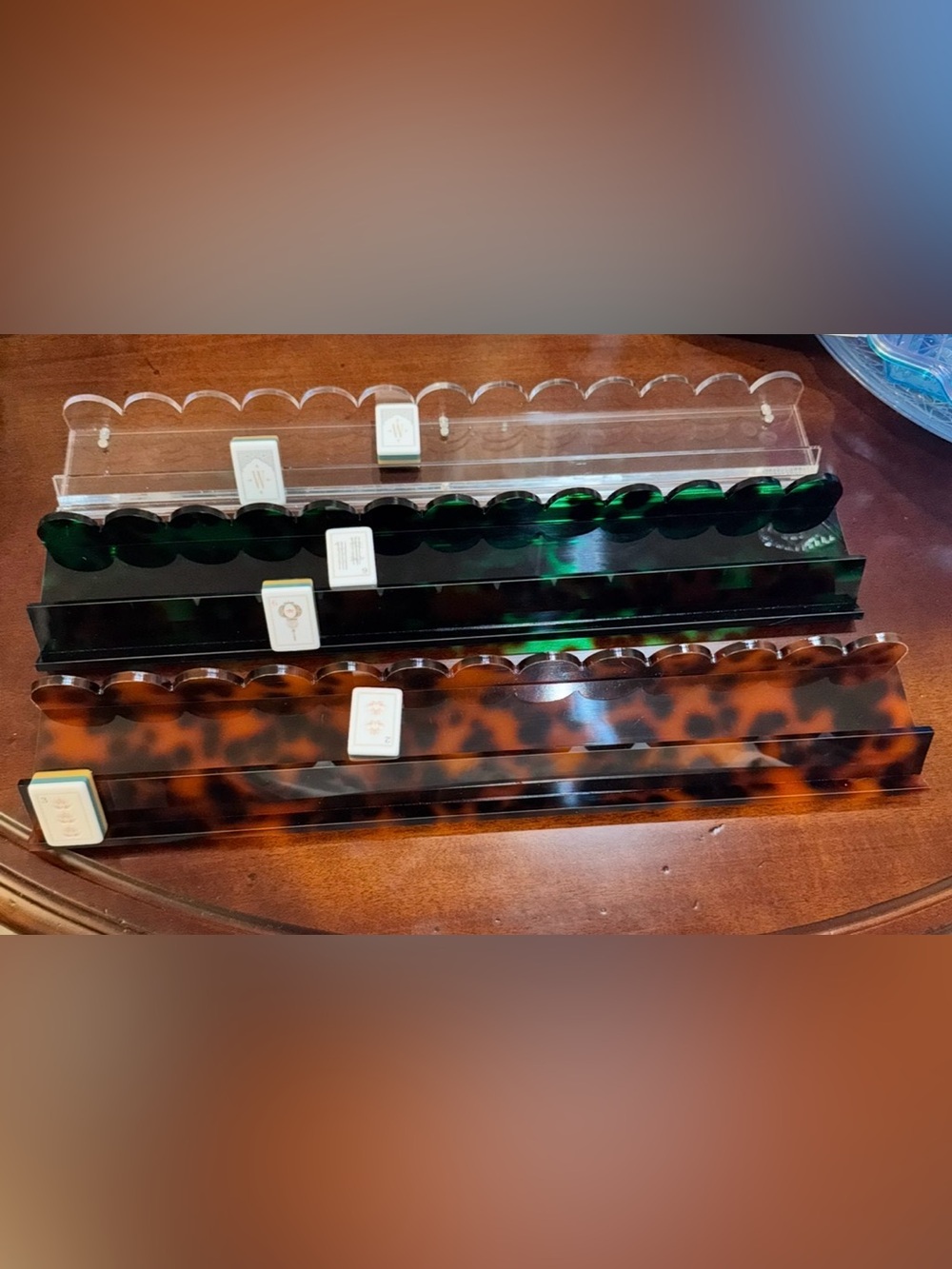 Mahjong Magnetic Acrylic Scalloped Dark Tortoise Shell Tile Rack Set of 4 NWOT
